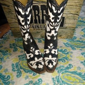 Corral black leather with white inlay cowboy boots